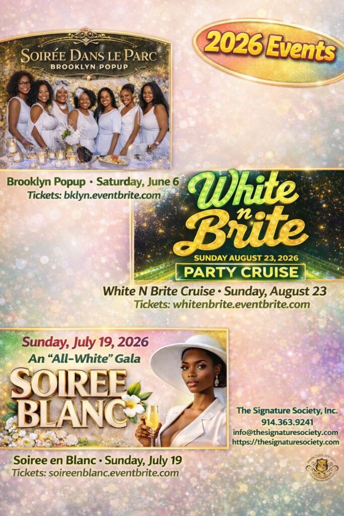 Event flyer with women dressed in white